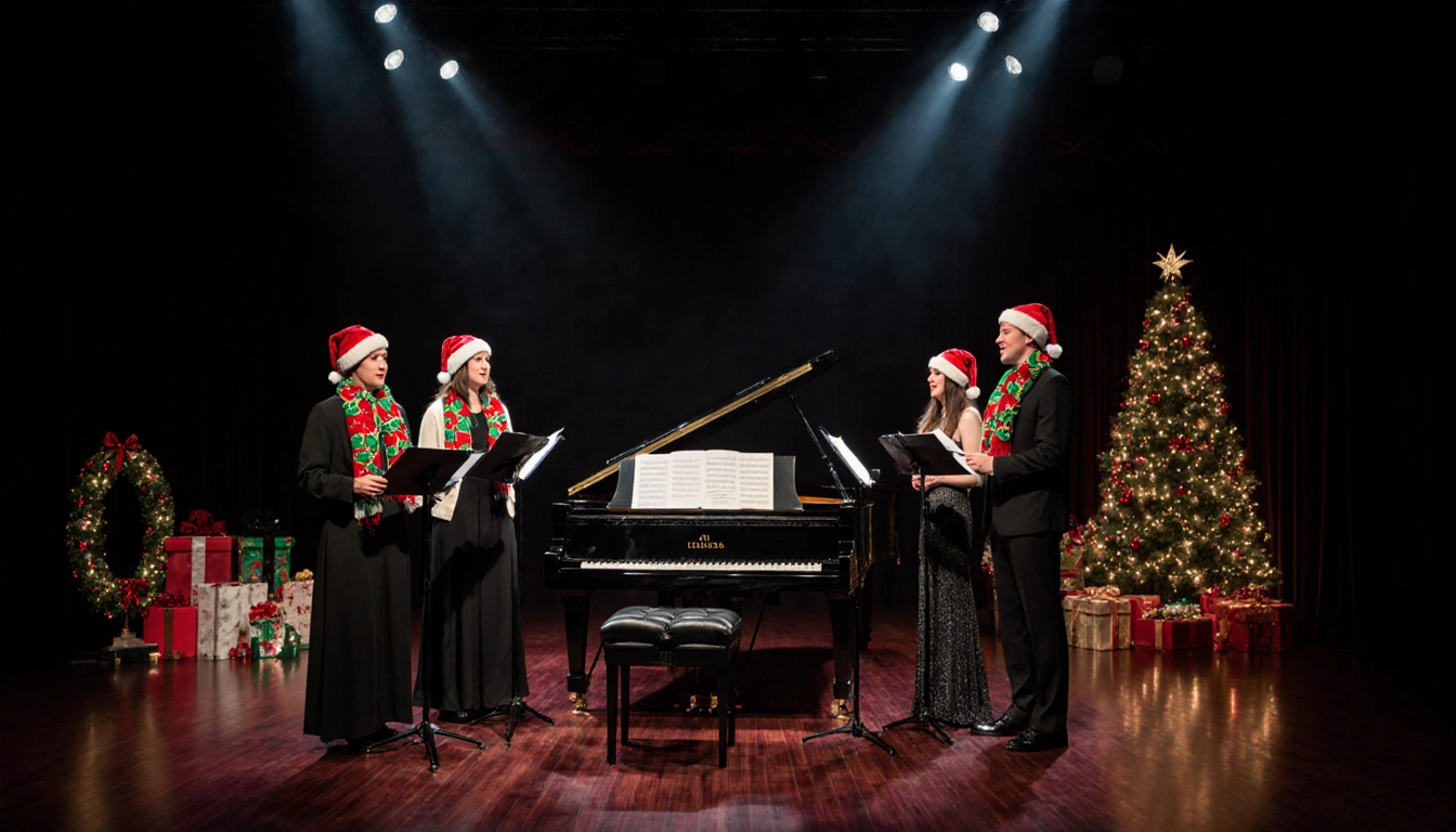 Grand piano shines under spotlights with four singers holding sheet music bright against holiday backdrop.