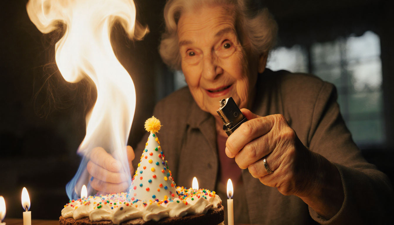 Grandma Ann holding a long lighter with birthday cake lit by a warm flame and her playful face