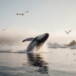 Gray whale breaching the Pacific Ocean with a spray of mist and quiet Santa Barbara coast.