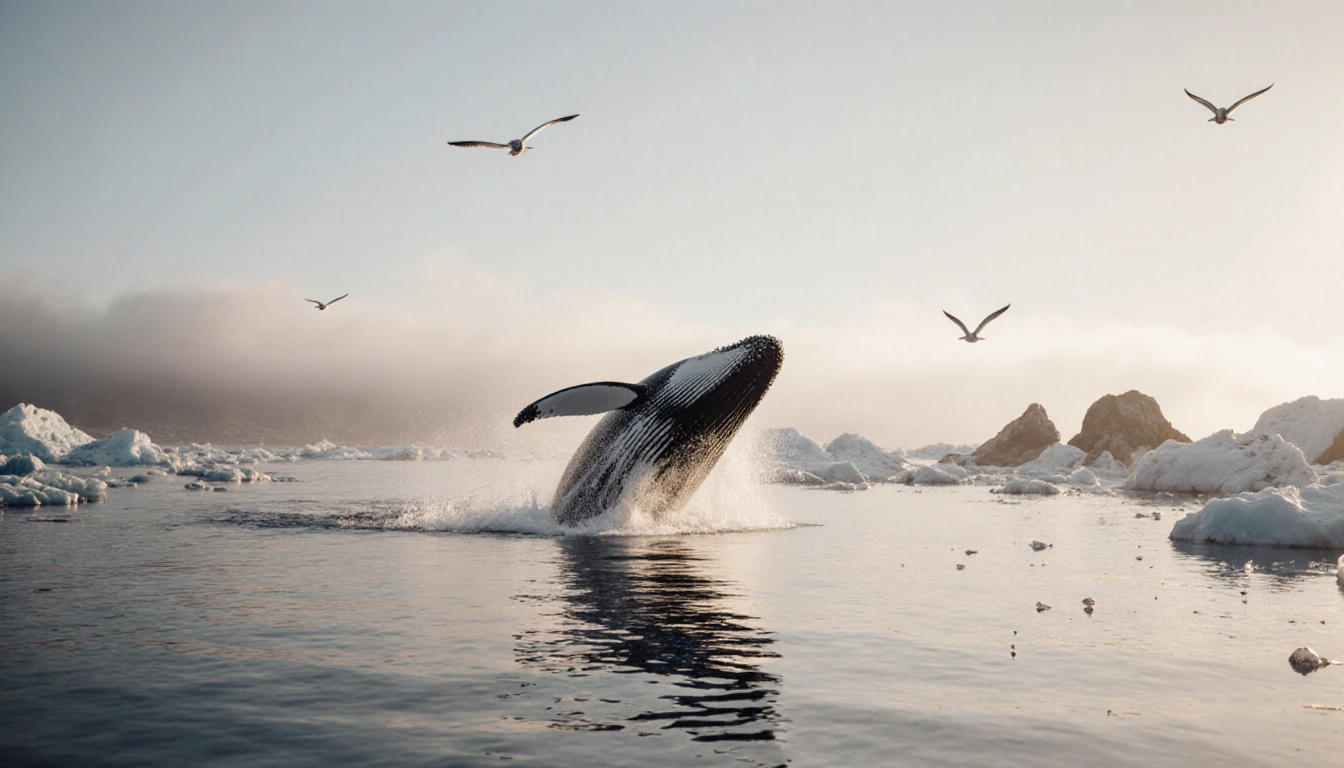 Gray whale breaching the Pacific Ocean with a spray of mist and quiet Santa Barbara coast.
