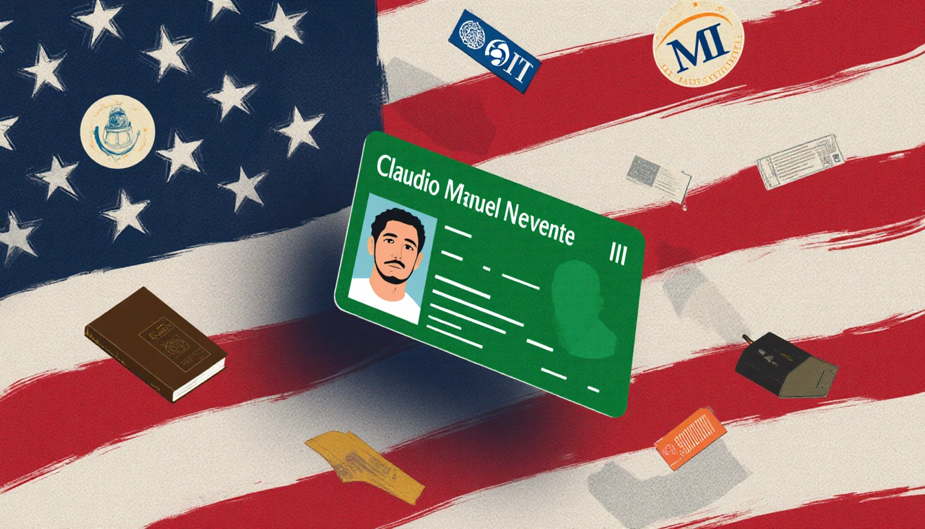 Green card hovering in mid‑air with faint American flag behind and a book and laptop hinting at Brown and MIT