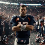 Denver Broncos quarterback stands arms crossed with scattered helmets and hanging Patriots jerseys in an NFL playoff room.