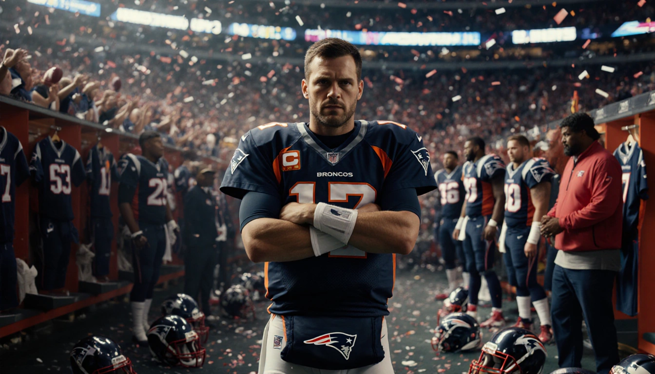 Denver Broncos quarterback stands arms crossed with scattered helmets and hanging Patriots jerseys in an NFL playoff room.
