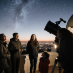 Adult explaining constellations to a child with a telescope and Griffith Observatory backdrop warm winter evening