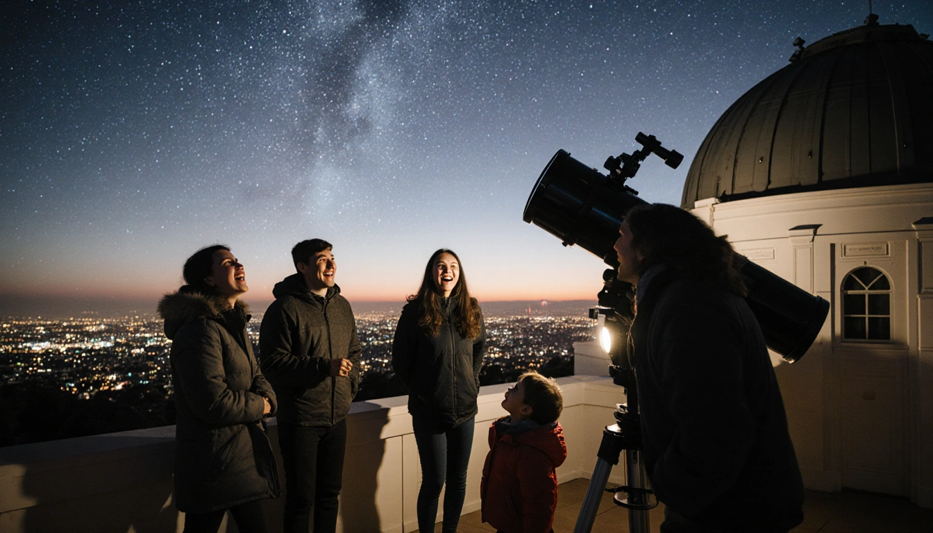 Adult explaining constellations to a child with a telescope and Griffith Observatory backdrop warm winter evening