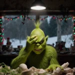 Grinch scratching his face at a cluttered dimly lit makeup station with tangled green prosthetics and a snowy forest backgrou