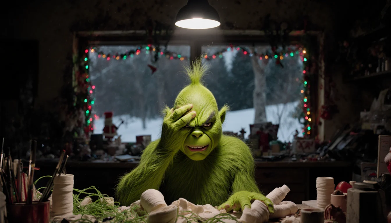 Grinch scratching his face at a cluttered dimly lit makeup station with tangled green prosthetics and a snowy forest backgrou