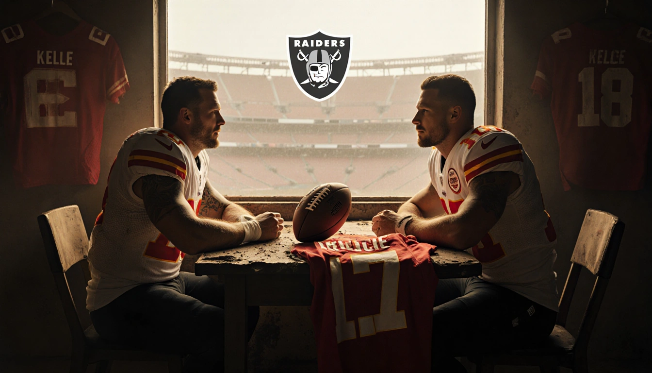 Rob Gronkowski talks to Travis Kelce at a rustic stadium table with worn footballs and faded Chiefs jerseys.