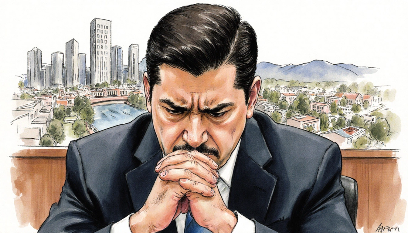 Man in courtroom apologizing with bowed head and clasped hands while a distant Riverside skyline fades behind judge's bench