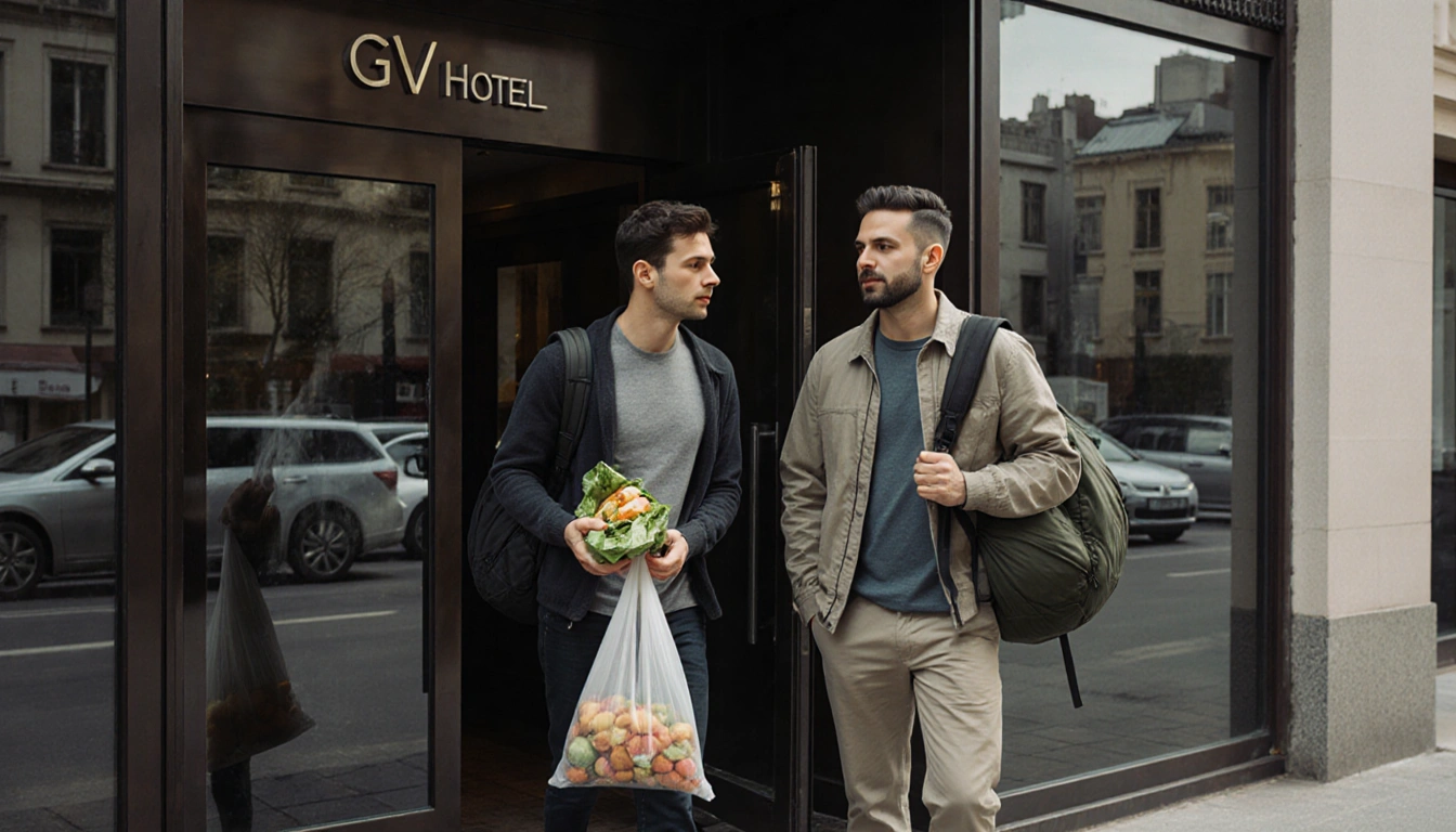 Two men walking out of a hotel in casual attire with a food bag and a backpack hotel facade and cars in front and a cityscape