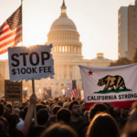 Protester in H‑1B Visa protest holds Stop $100K Fee sign with torn American flag and orange sunset glow.