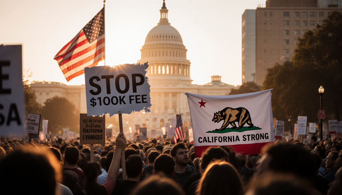 Protester in H‑1B Visa protest holds Stop $100K Fee sign with torn American flag and orange sunset glow.