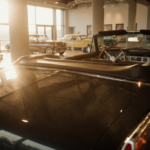 Häagen‑Dazs Cadillac gleaming with warm golden light showing polished chrome exterior and hidden ice‑cream freezer trunk.