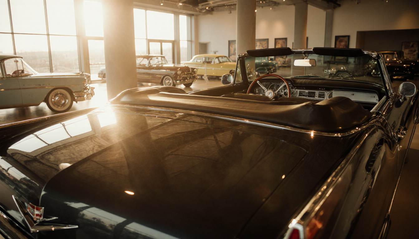 Häagen‑Dazs Cadillac gleaming with warm golden light showing polished chrome exterior and hidden ice‑cream freezer trunk.