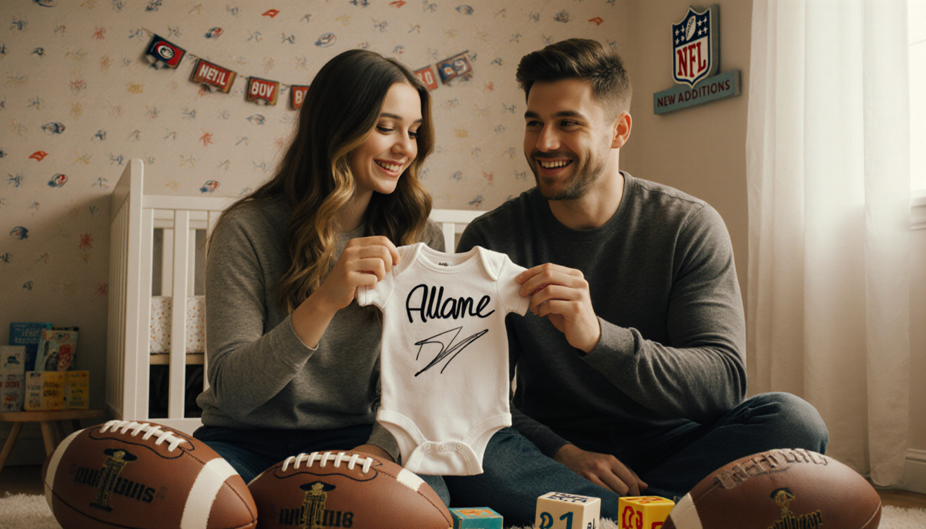 Hailee Steinfeld and Josh Allen holding a onesie with name scribbled surrounded by footballs and baby blocks in a nursery