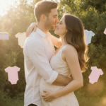 Hailee Steinfeld and Josh Allen embracing with lush greenery and pastel light and baby blocks nearby