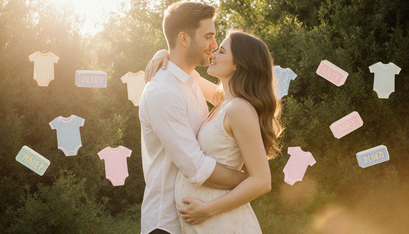 Hailee Steinfeld and Josh Allen embracing with lush greenery and pastel light and baby blocks nearby