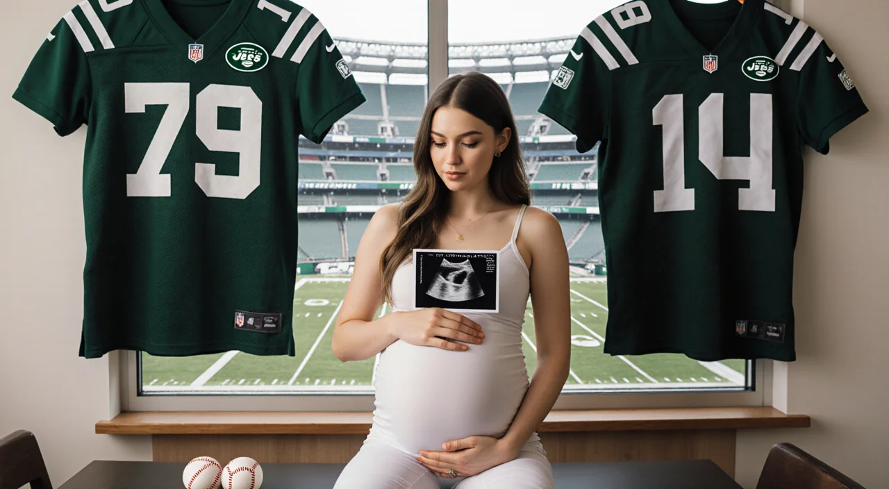 Hailee Steinfeld cradles baby bump while holding sonogram photo with jerseys and baseballs and Jets stadium window behind
