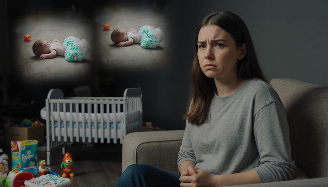 Hailie Jade sitting on couch with anxious expression and baby items diapers toys and bassinet with child near tripping hazard