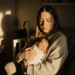 Hailie Jade McClintock cradling her newborn baby with warm golden light in a cozy nursery filled with toys evoking love