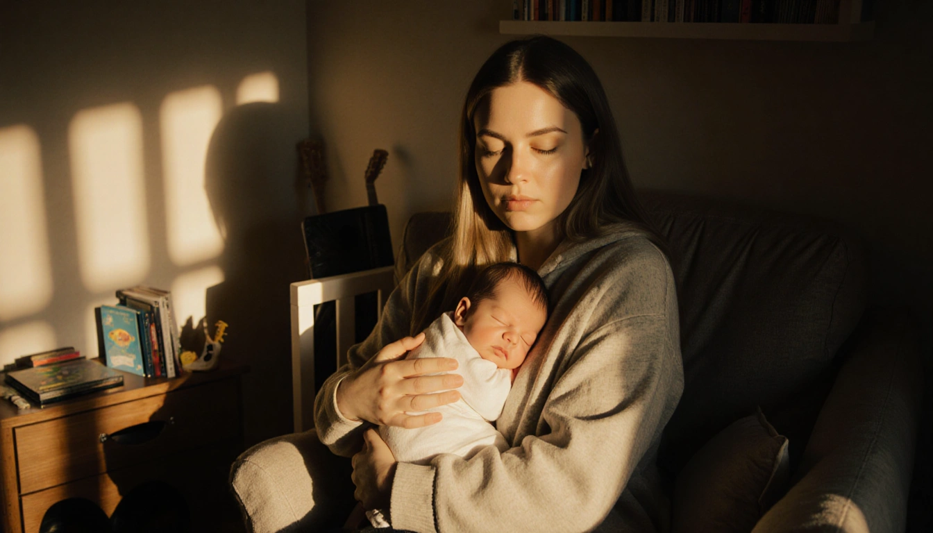 Hailie Jade McClintock cradling her newborn baby with warm golden light in a cozy nursery filled with toys evoking love
