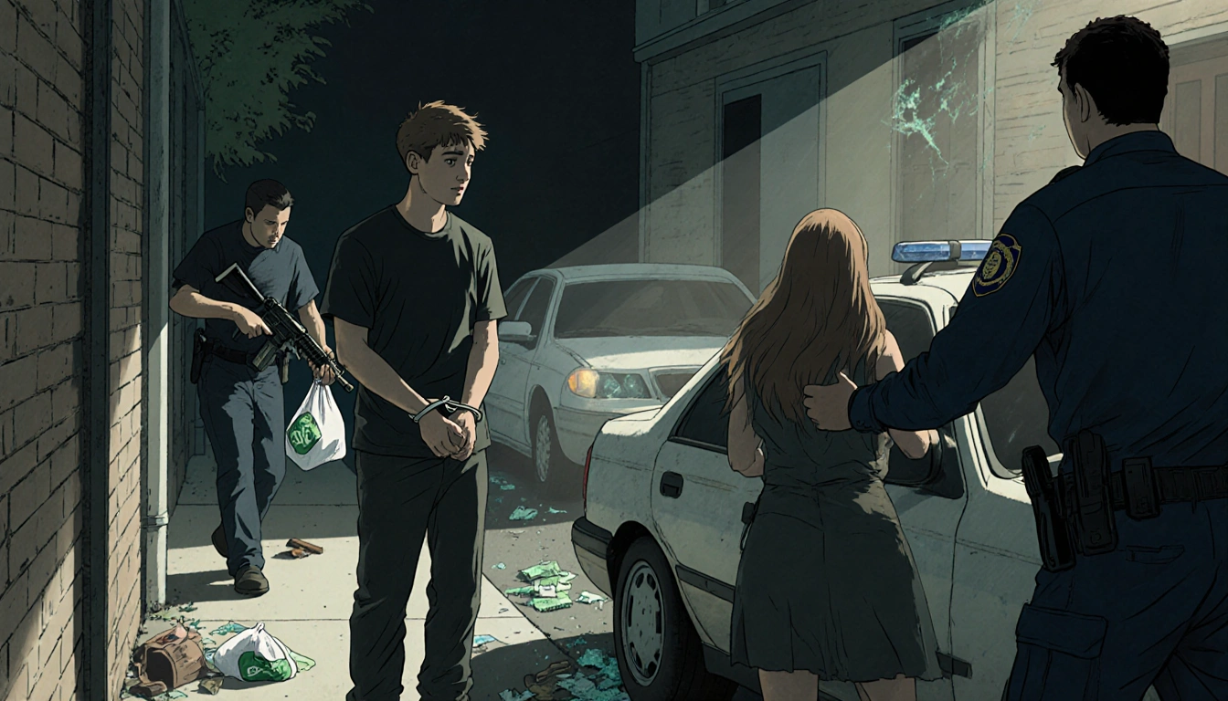 Young adult in handcuffs standing beside broken car with remorseful face and police detaining a female nearby