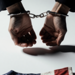 Hands bound in cuffs show upward palms with faint American flag on white background and subtle shadow under chin.