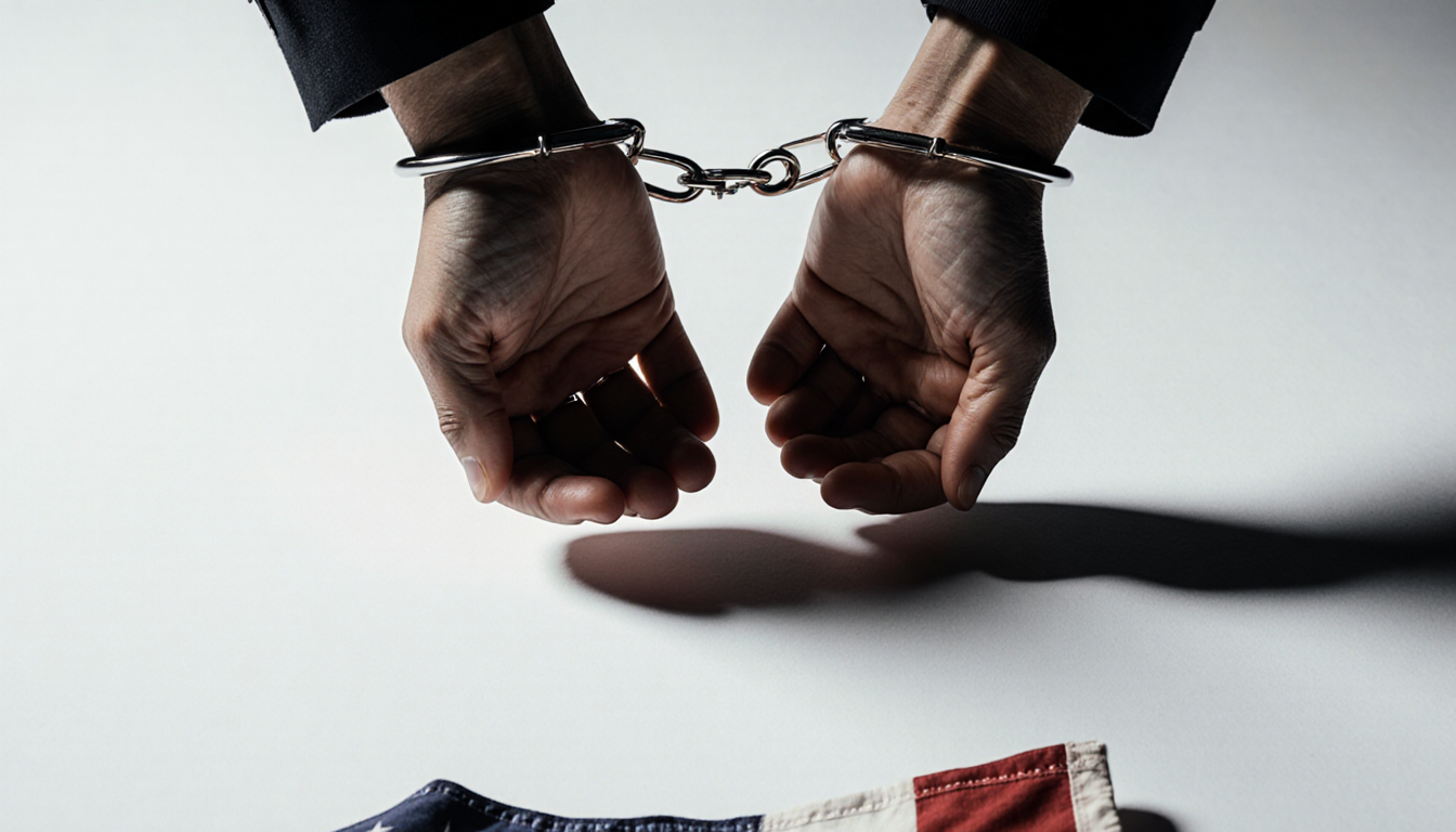 Hands bound in cuffs show upward palms with faint American flag on white background and subtle shadow under chin.