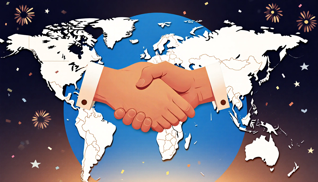 Two leaders shaking hands with a glowing globe and subtle fireworks celebrating a new partnership