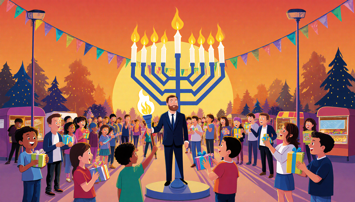 Rabbi Farkas illuminating the menorah with a torch with children holding gifts during Hanukkah near warm sunset