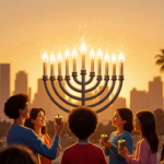 Hanukkah menorah lighting a candle with sunset glow and a joyful crowd of children and adults