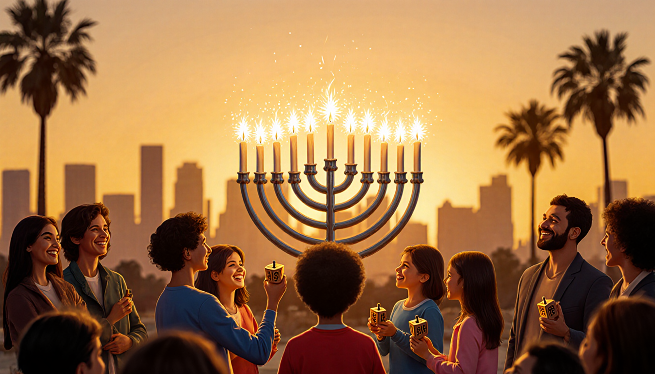 Hanukkah menorah lighting a candle with sunset glow and a joyful crowd of children and adults