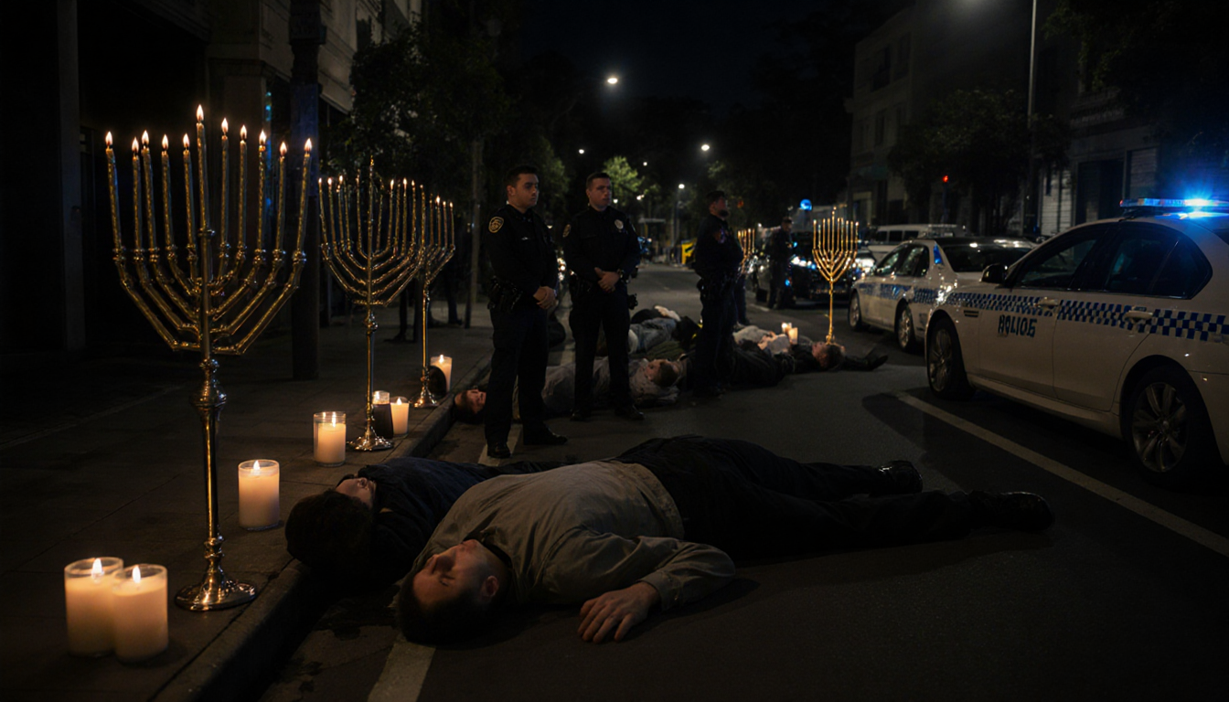 Eleven victims lying on pavement with Hanukkah candles and watchful police officers nearby