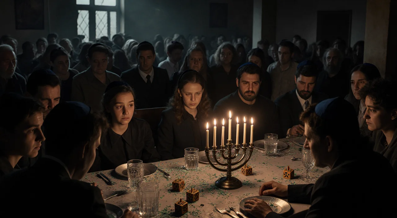 Congregants mourning with a single candle flame on a menorah and shattered glassware near broken dreidels during Hanukkah.