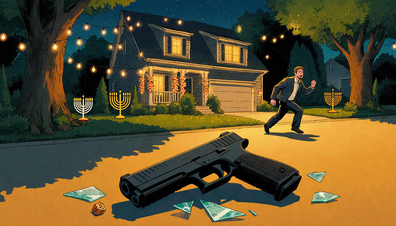 Person fleeing the scene with shattered glass near an airsoft handgun and Hanukkah lights.