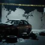 Mangled car wreck crumples with shattered headlights and scattered tires illuminated by police tape lights in a chaotic scene