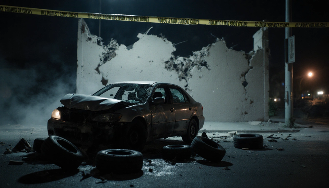 Mangled car wreck crumples with shattered headlights and scattered tires illuminated by police tape lights in a chaotic scene