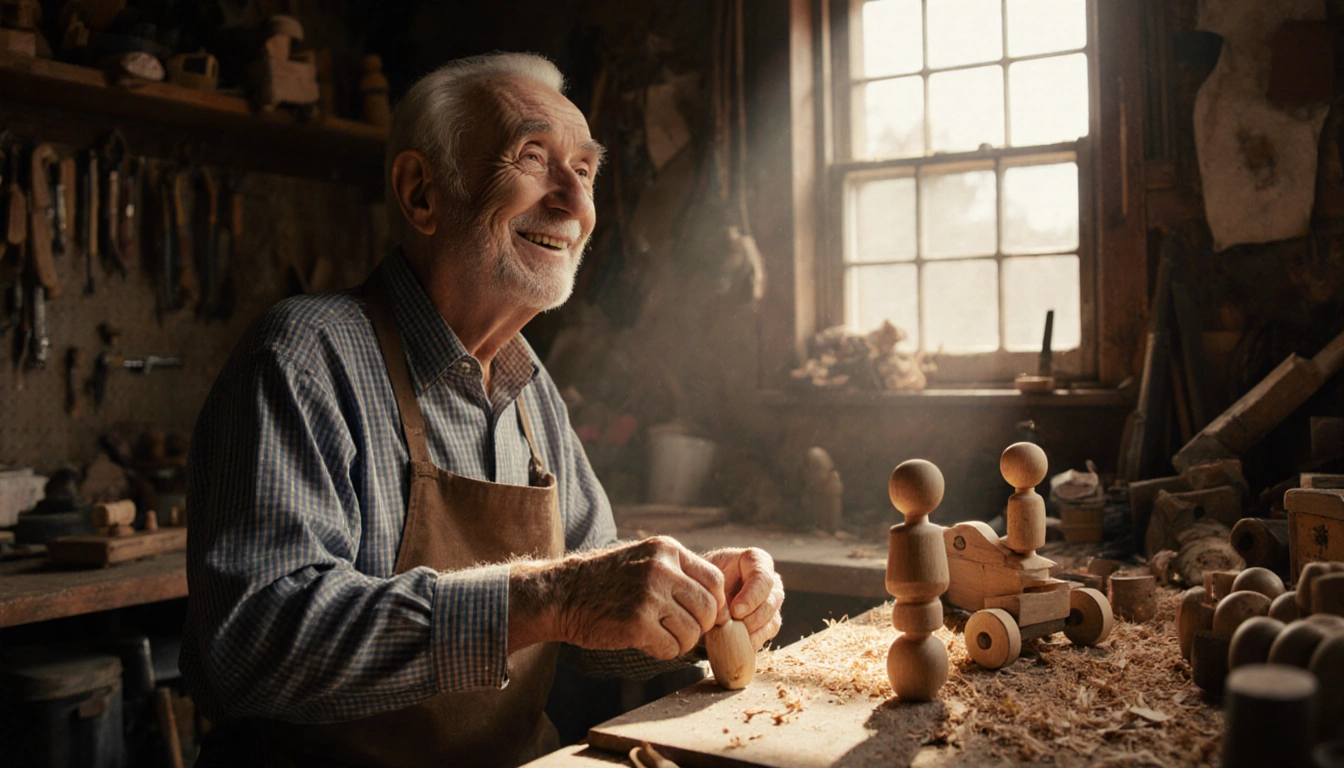 Harold Yoak crafting a wooden car with a warm smile in a cozy garage workshop