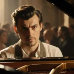 Harry Styles sits at piano in an Italian setting with soft golden light on his face and piano keys reflected in his eyes.