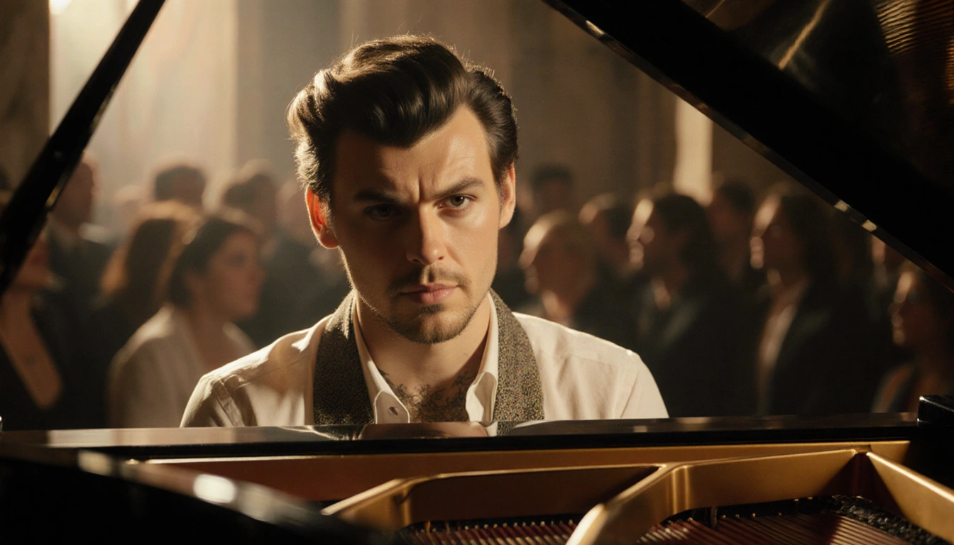 Harry Styles sits at piano in an Italian setting with soft golden light on his face and piano keys reflected in his eyes.