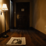 Footstep creaks on worn hallway floor with flickering lamp and newspaper clipping of a smiling family