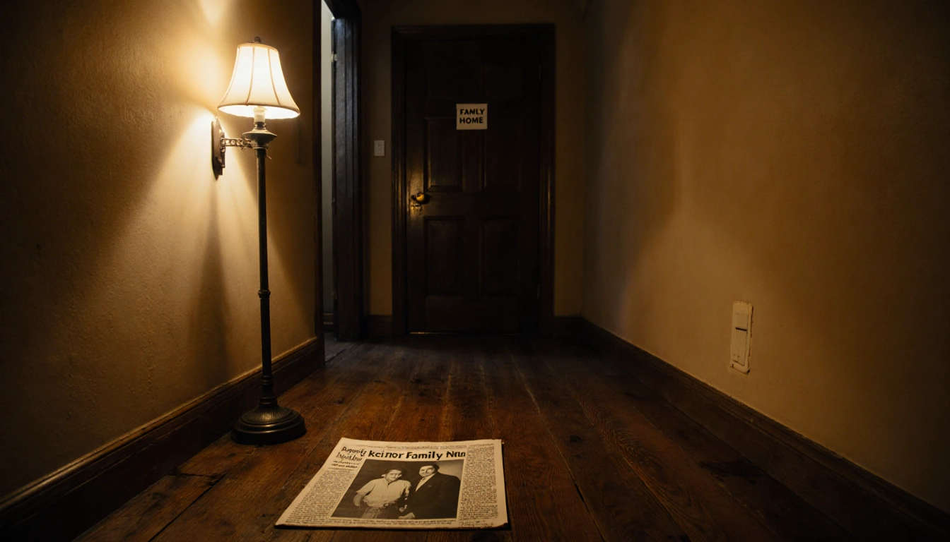 Footstep creaks on worn hallway floor with flickering lamp and newspaper clipping of a smiling family
