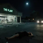 Woman lying motionless on ground with moonlight glow in dim parking lot and vehicle driving away.