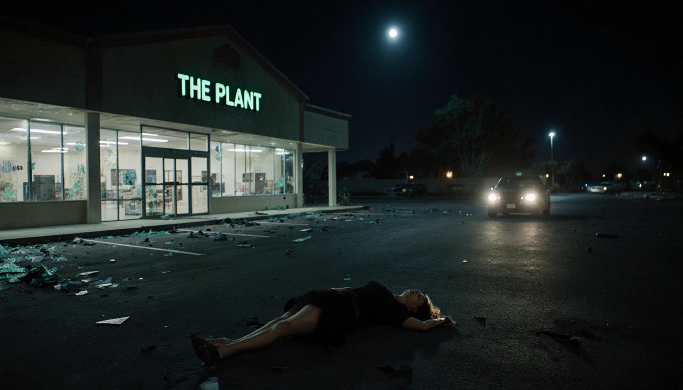 Woman lying motionless on ground with moonlight glow in dim parking lot and vehicle driving away.