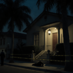 Front door ajar reveals hallway with lantern and palm trees casting shadows with police officer silhouette nearby
