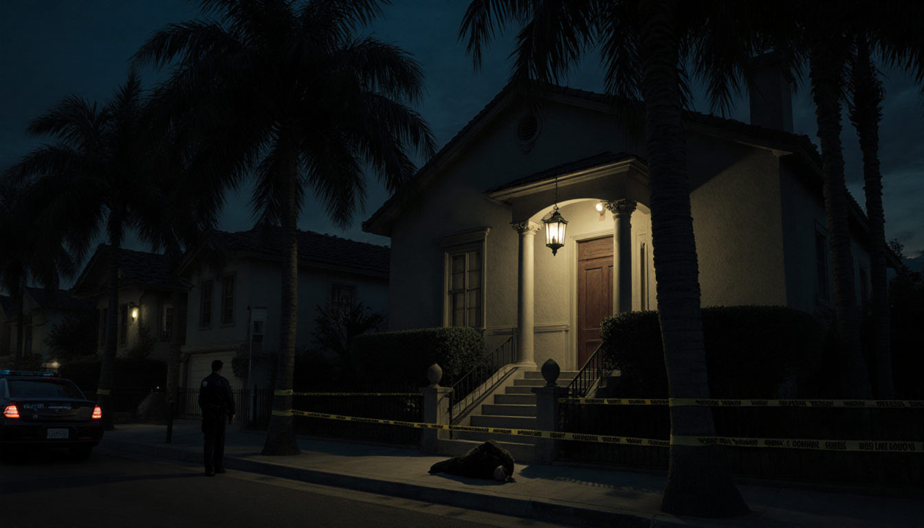 Front door ajar reveals hallway with lantern and palm trees casting shadows with police officer silhouette nearby
