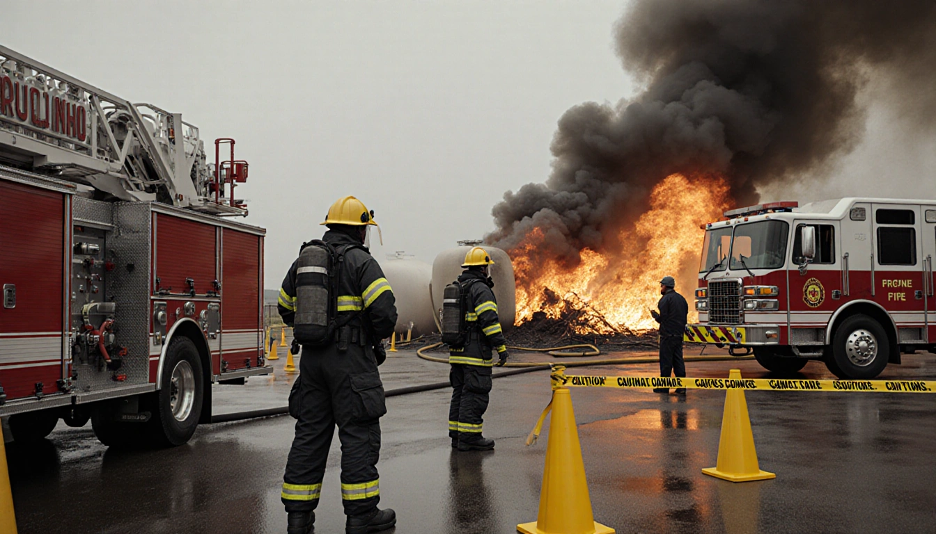Hazmat team standing near burning propane tank with fire trucks and caution tape.