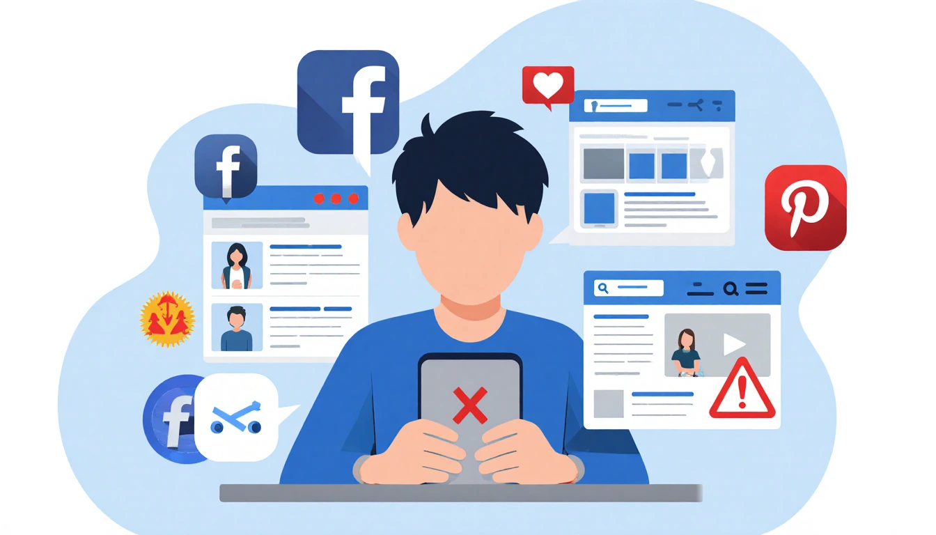 Young adult scrolling smartphone screen with social media and health articles and warning X, face hidden