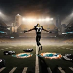 Football player celebrating touchdown midair with golden sunset over Heinz Field and Pittsburgh skyline