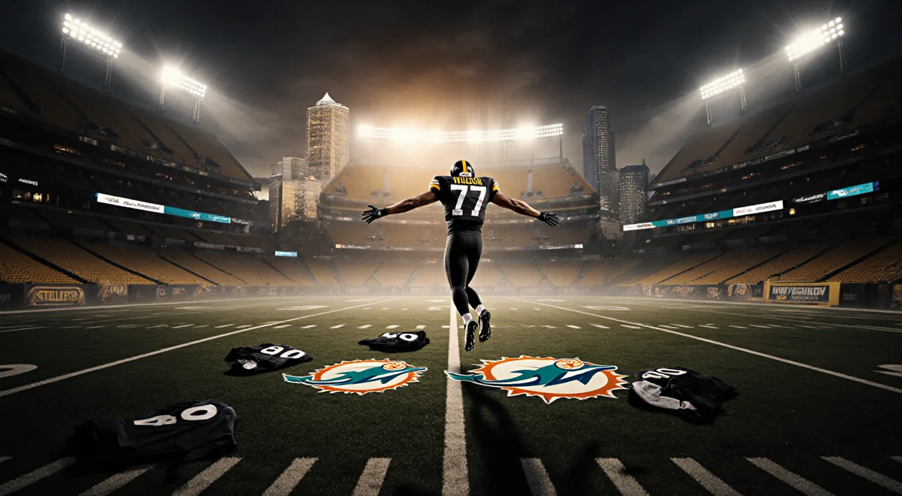 Football player celebrating touchdown midair with golden sunset over Heinz Field and Pittsburgh skyline